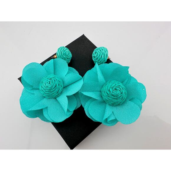 Teal Cloth Flower Earrings - CUTE! - Picture 4 of 6